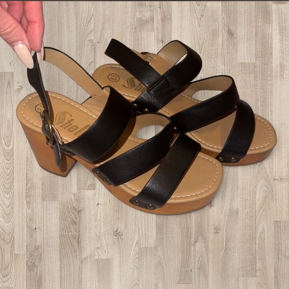 SHEIN Chunky Black Leather Chunky Platform Sandals